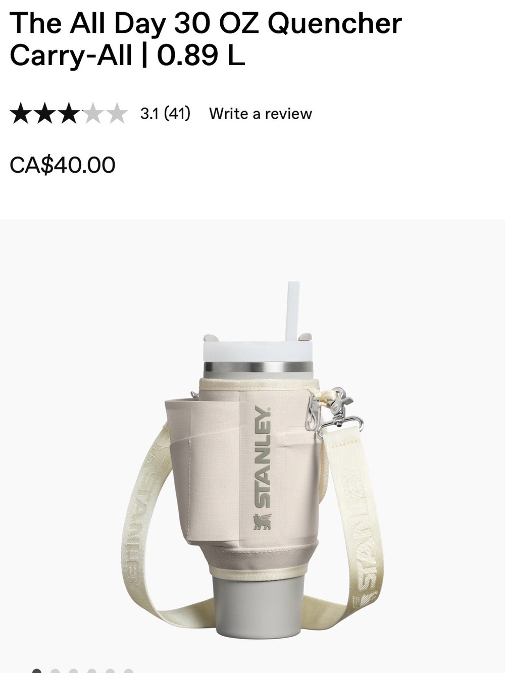 *NWT* Stanley 30oz Cream Carry-All Sleeve with Logo